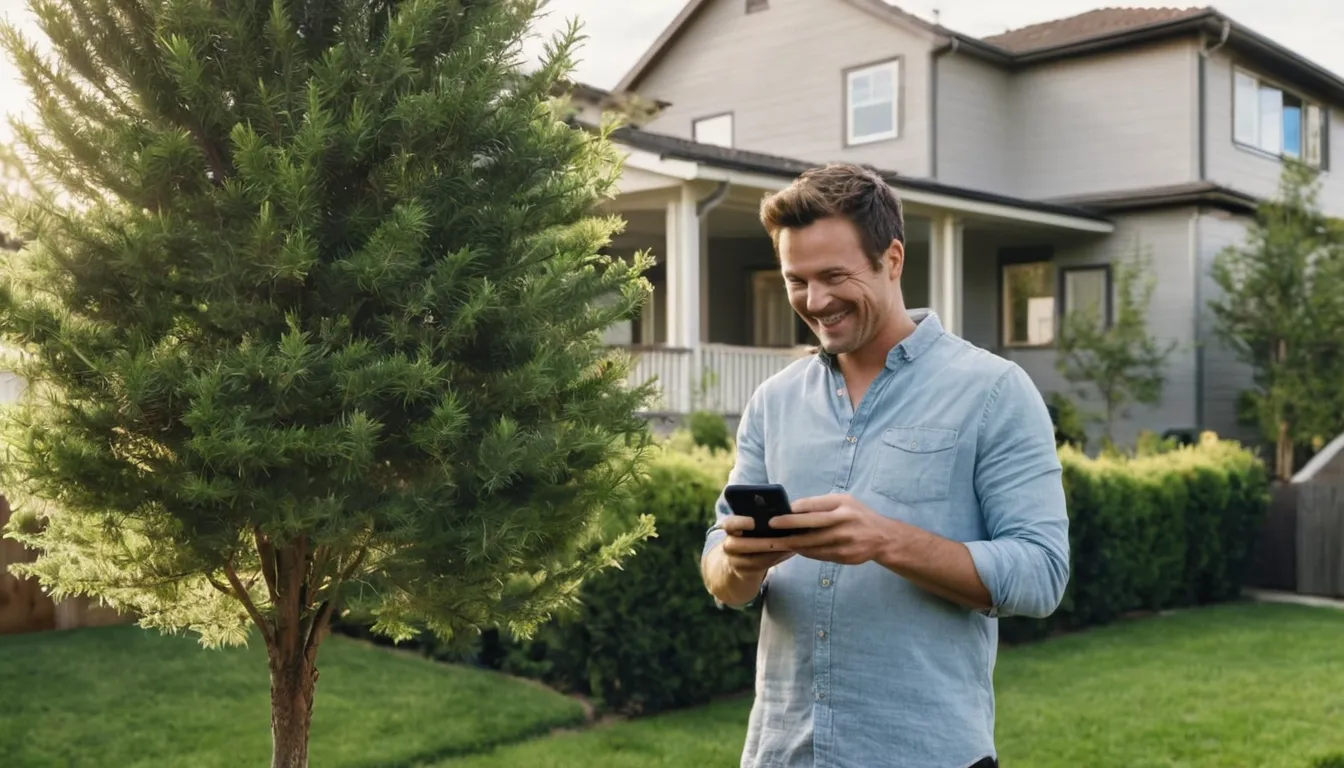 A homeowner photographing a leaning tree to include in an estimate request