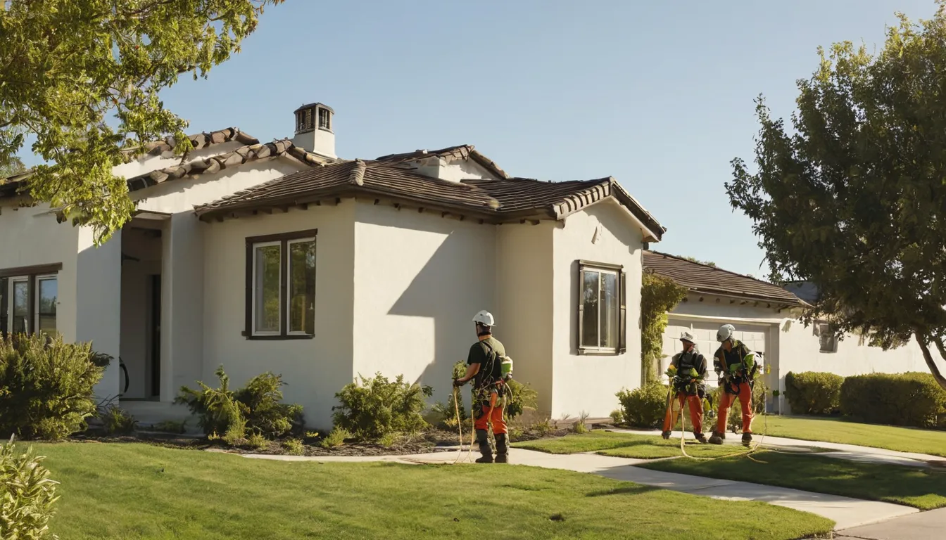 A tree service crew safely removing a large tree beside a stucco home in Mission Viejo