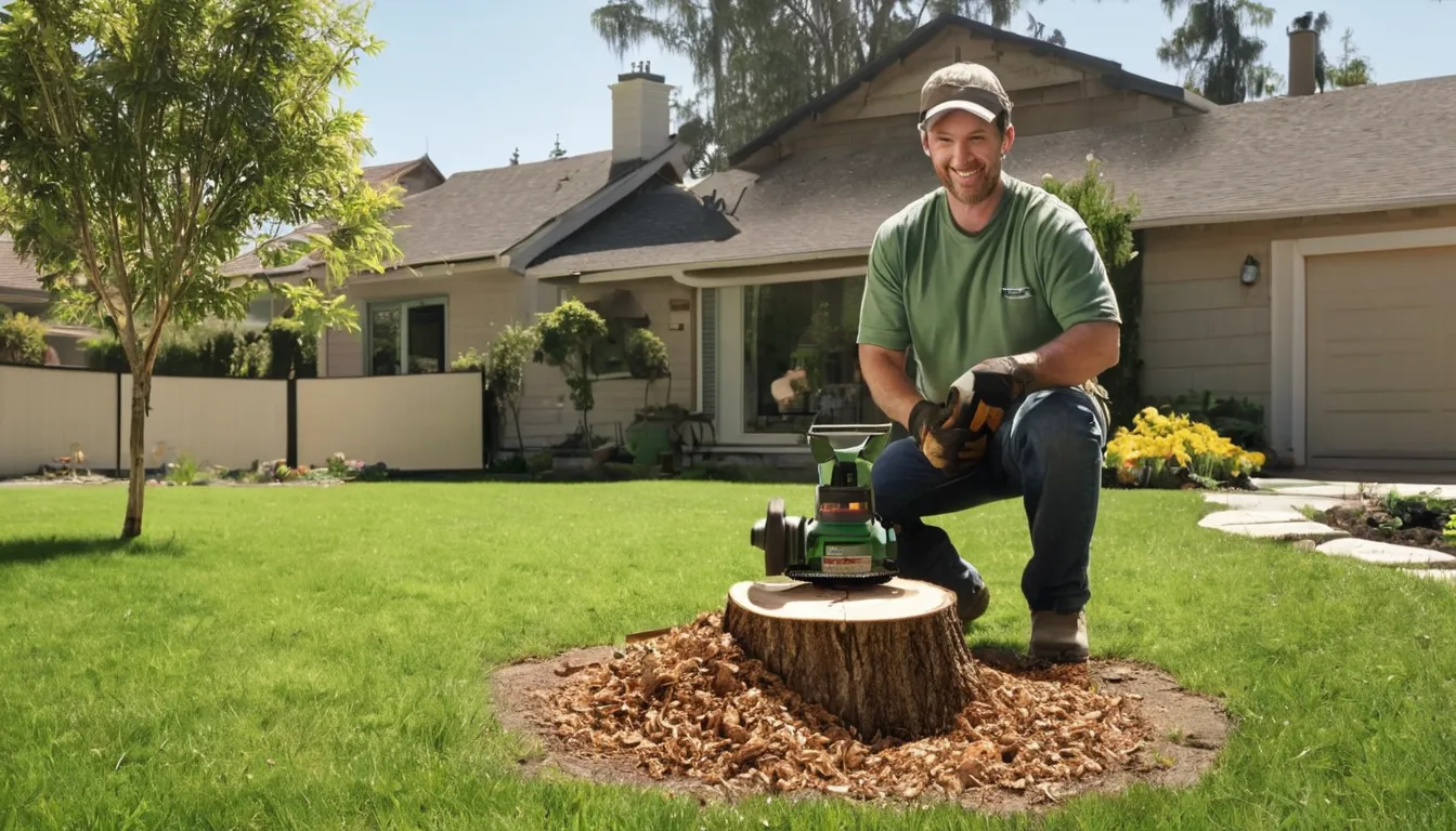 Provider grinding a tree stump in a Mission Viejo backyard with wood chips flying