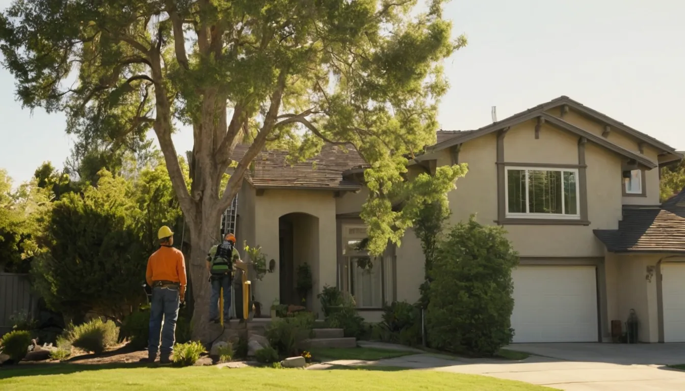 Friendly tree removal provider and homeowner reviewing a large backyard tree near a stucco ranch home in Mission Viejo